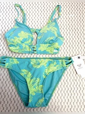 Roxy Tropical Print Bikini Set Blue Green Two Piece Swimwear Surfer Summer NWT